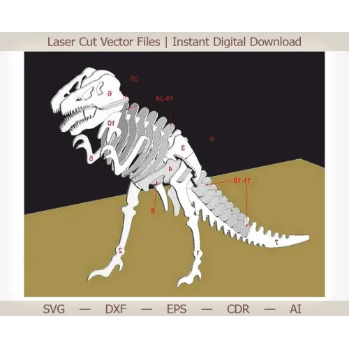 3D-vectorsjabloon van een T-Rex-dinosaurus, lasergesneden, direct te downloaden.