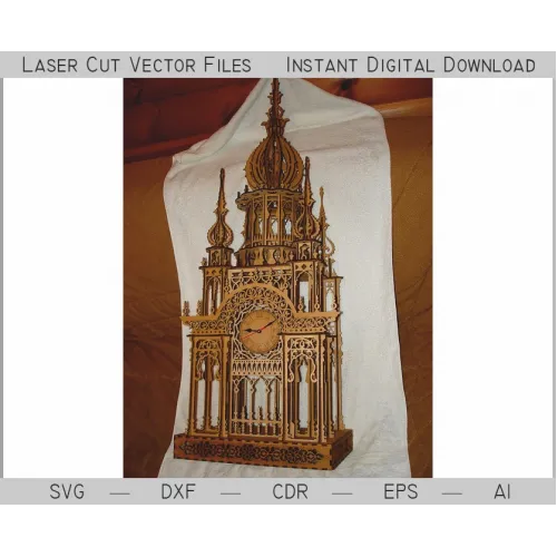 Templat Vektor Potongan Laser Menara Jam Hias — SVG DXF CDR