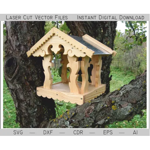  Udsmykket udskåret fuglefoderautomat laserskåret vektorfil (SVG DXF AI)