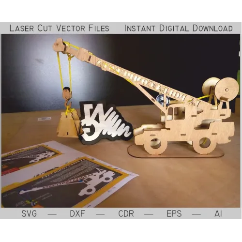  Kran laserskåret vektorfil — Bevægbar træmodel (SVG DXF CDR)