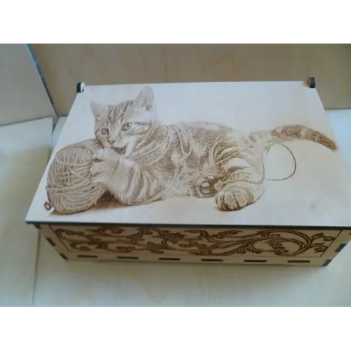 Caja con gato: plantilla vectorial cortada con láser para caja de madera contrachapada