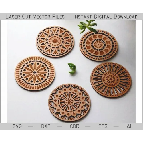  Mandala Glasstativ og Bordskåner Laserskårne Vektorfiler — 5 Runde Designs