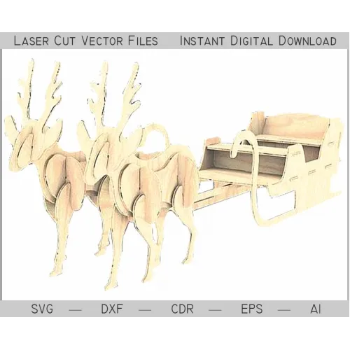  Rensdyr med julemandens kane - Laserskårne vektorfiler (SVG DXF AI)