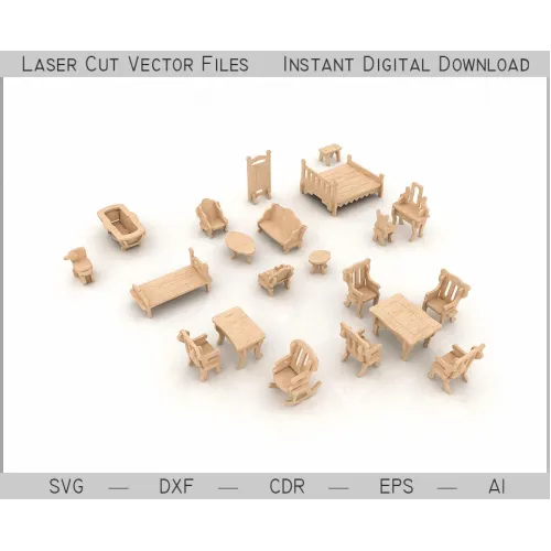  Dukkehusmøbler Laserskårne vektorfiler — Miniaturesæt
