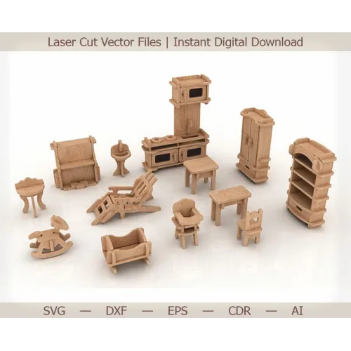  Miniature dukkehusmøbelsæt - laserskårne vektorfiler