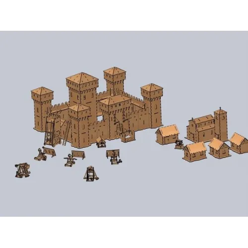  Castelo sob ataque — Kit vetorial cortado a laser para castelo, máquinas de cerco e vila.