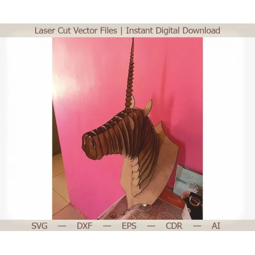  Enhjørningshoved 3D laserskåret vektorskabelon - øjeblikkelig SVG DXF download