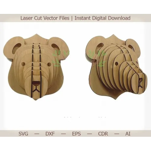  Karhunpään 3D-kerroksinen seinäpokaalivektoritiedosto laserleikkaukseen