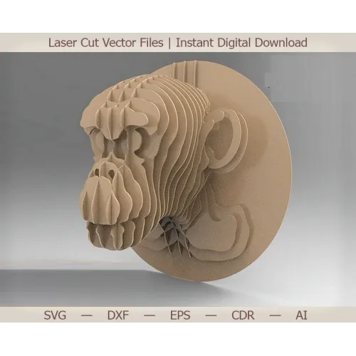  3D-apinan pään laserleikattu vektorimalli seinäpalkinnolle